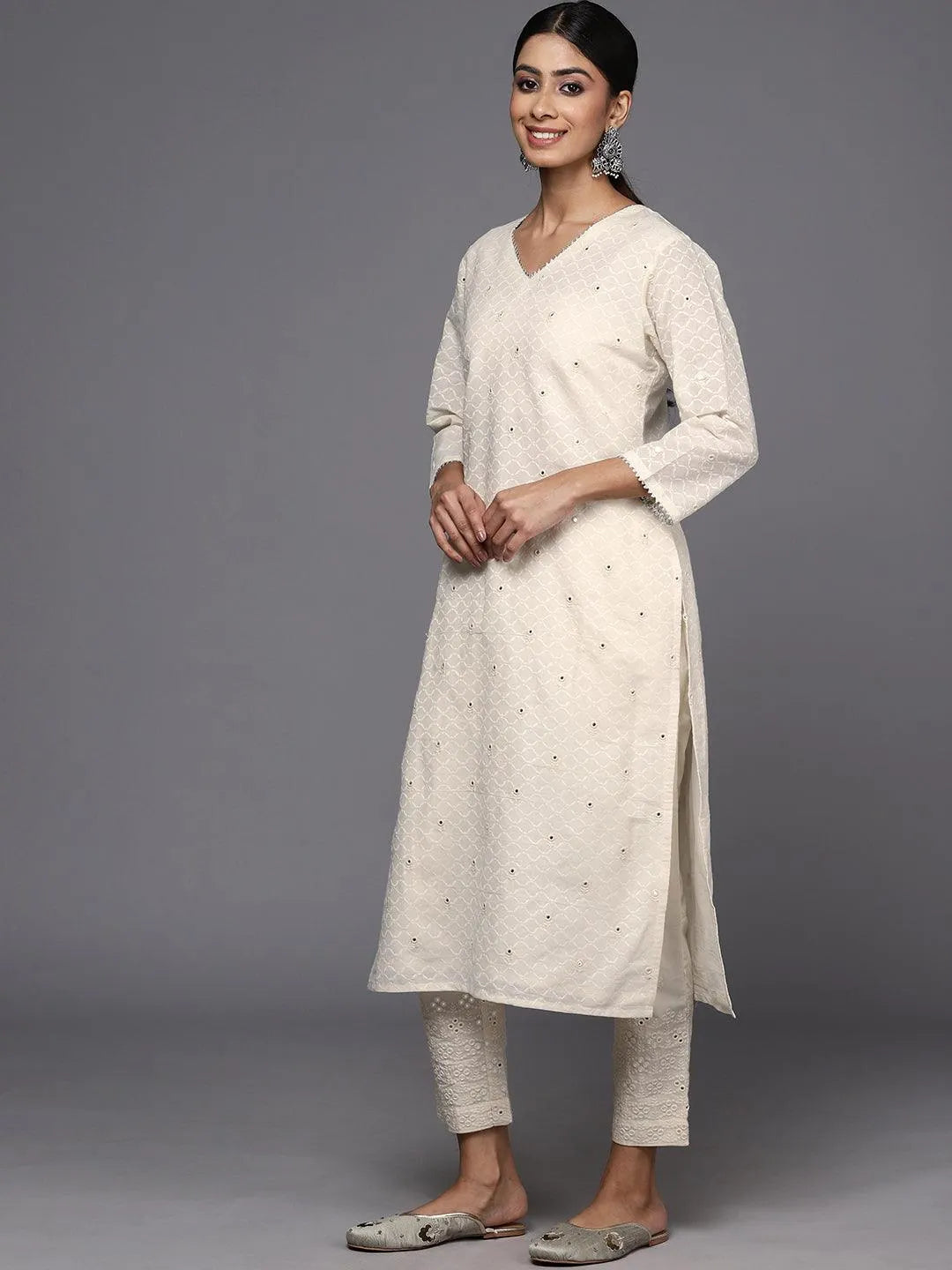 Off White Embroidered Cotton Straight Kurta With Trousers & Dupatta - Libas 
