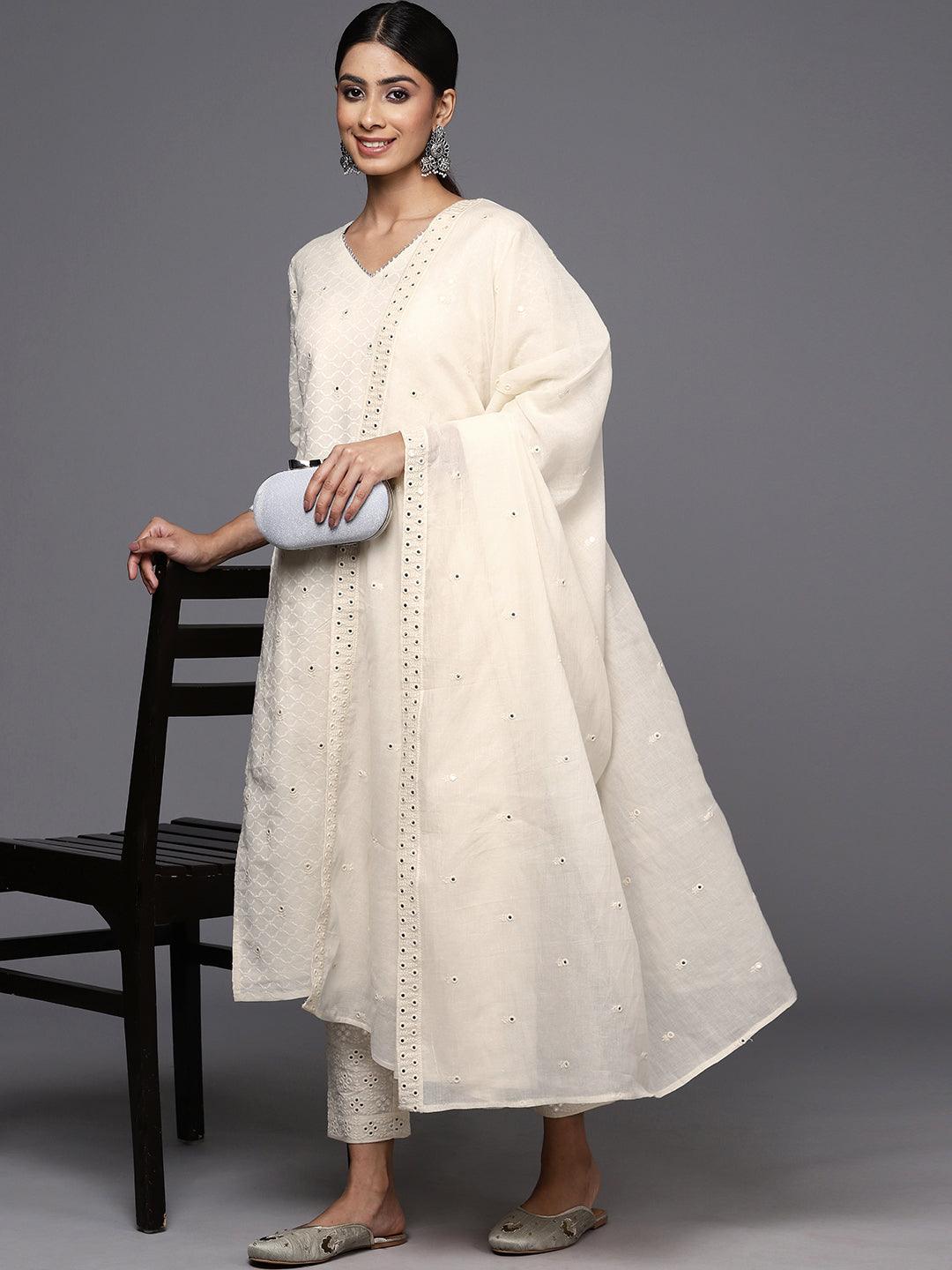 Off White Embroidered Cotton Straight Kurta With Trousers & Dupatta - Libas