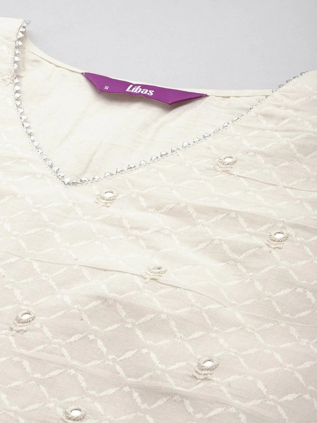 Off White Embroidered Cotton Straight Kurta With Trousers & Dupatta - Libas 
