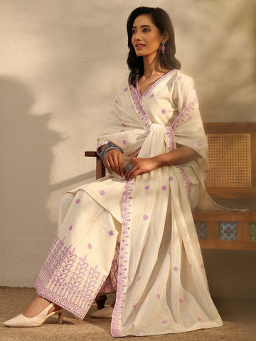 Off White Embroidered Cotton Straight Suit Set With Dupatta