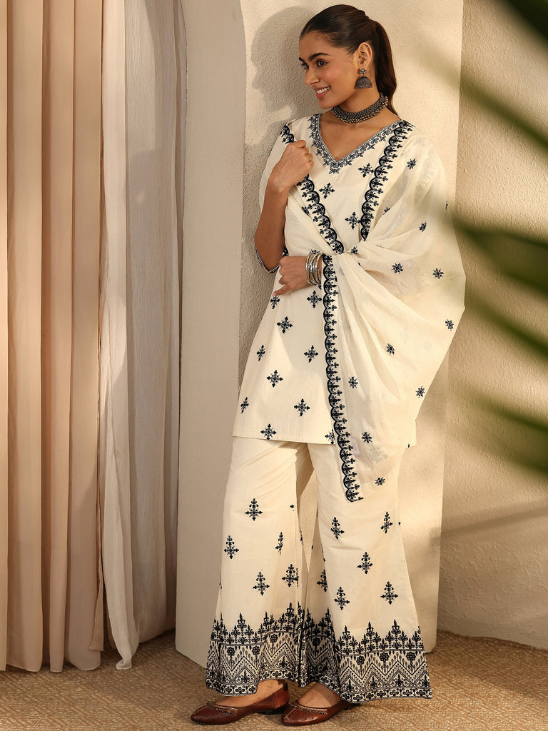 Libas Off White Embroidered Cotton Straight Suit Set With Dupatta