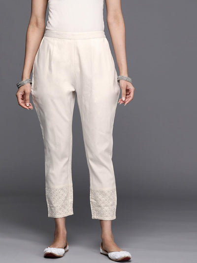 Off White Embroidered Cotton Trousers - Libas