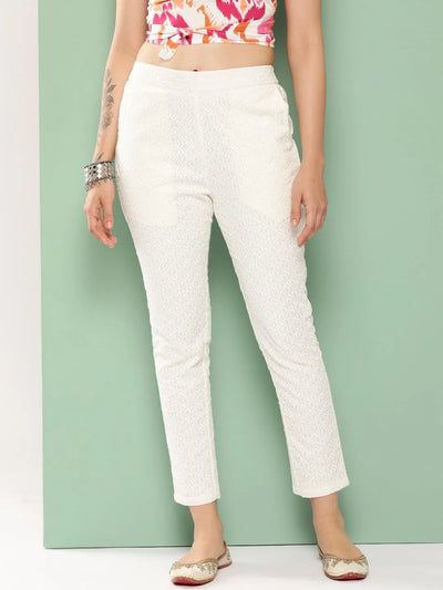Off White Embroidered Cotton Trousers - Libas