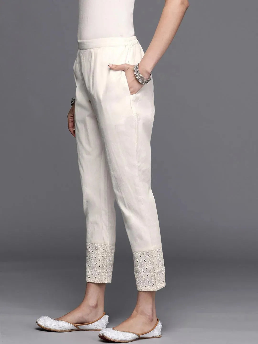 Off White Embroidered Cotton Trousers - Libas