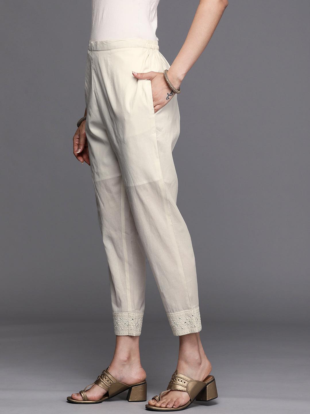 Off White Embroidered Cotton Trousers