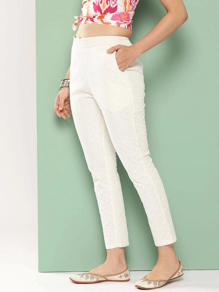 Off White Embroidered Cotton Trousers - Libas
