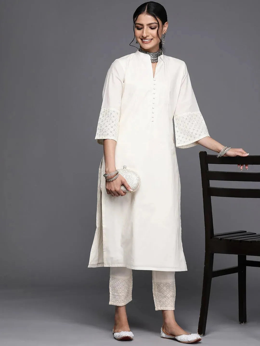 Off White Embroidered Cotton Trousers - Libas 