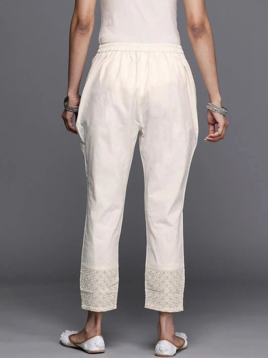 Off White Embroidered Cotton Trousers - Libas 