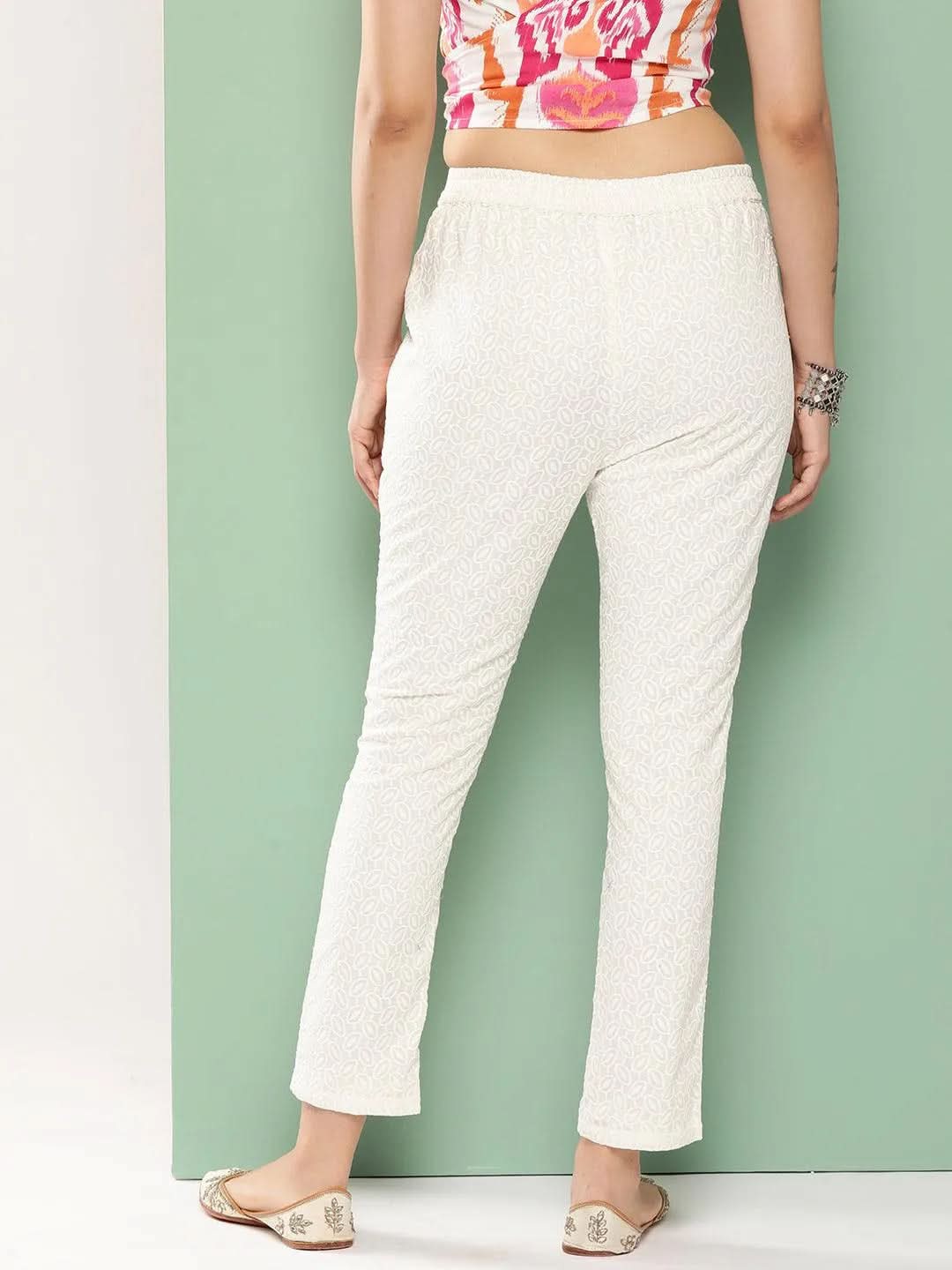 Off White Embroidered Cotton Trousers - Libas 