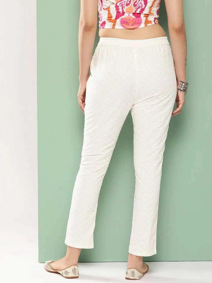 Off White Embroidered Cotton Trousers - Libas