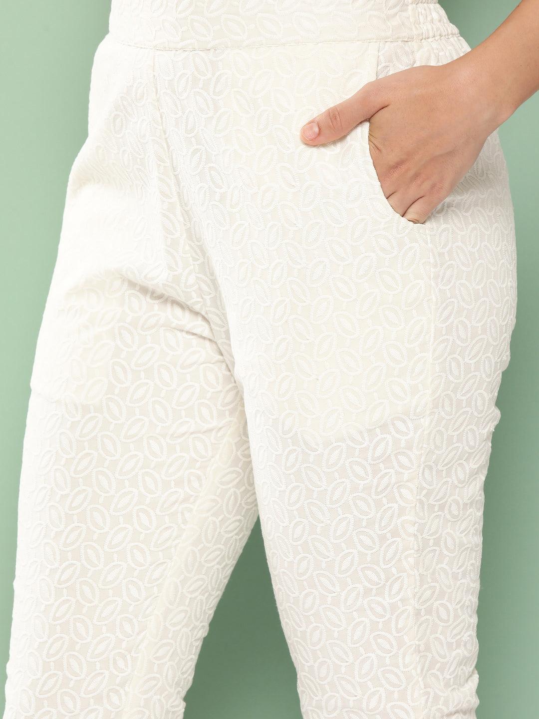 Off White Embroidered Cotton Trousers - Libas