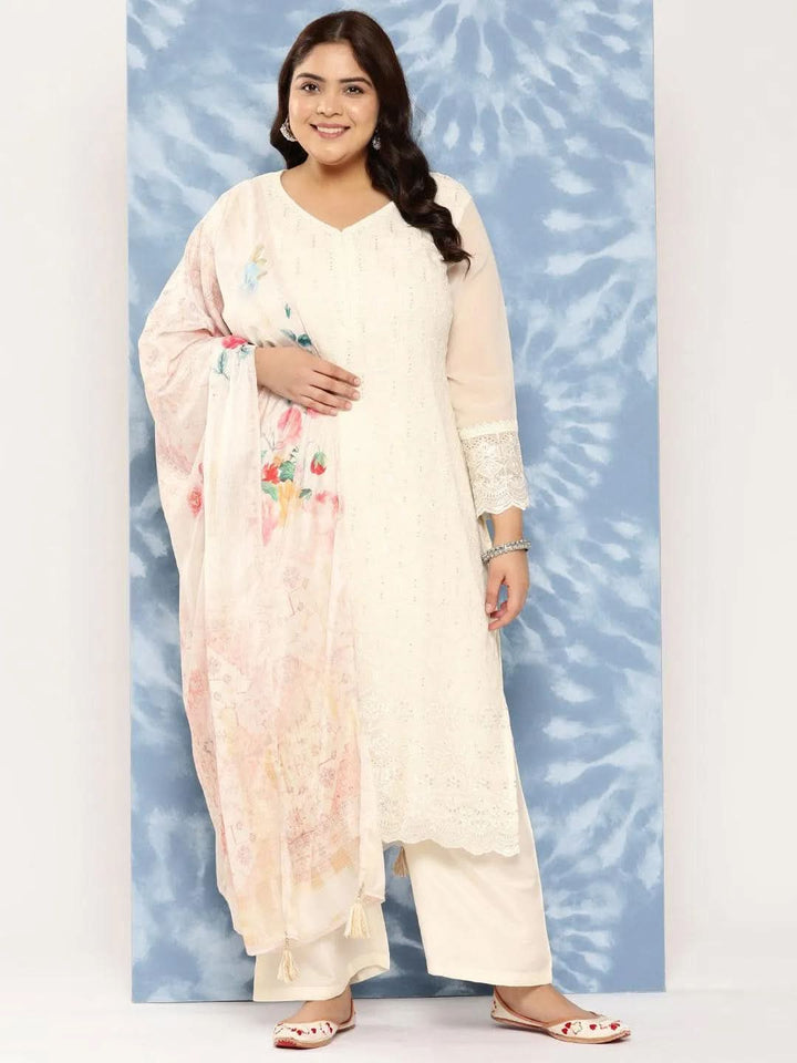 Off White Embroidered Georgette Straight Kurta With Trousers and Dupatta - Libas