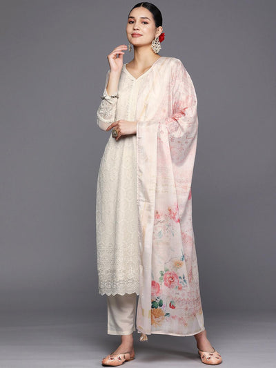Off White Embroidered Georgette Straight Suit Set With Trousers - Libas