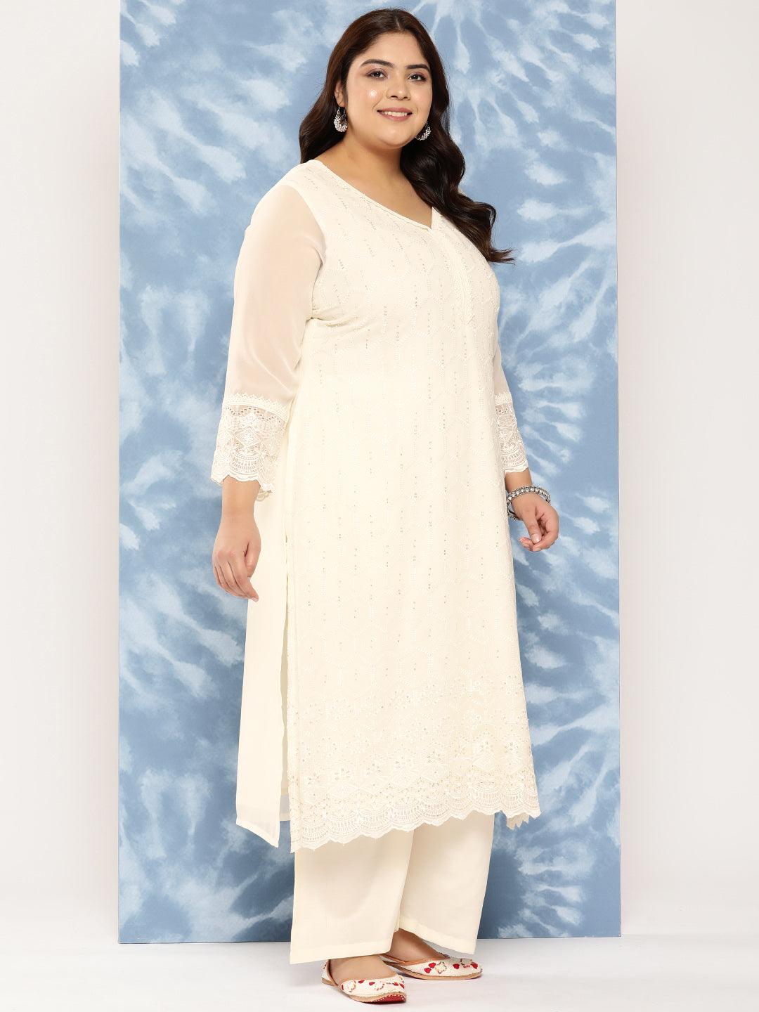 Off White Embroidered Georgette Straight Kurta With Trousers and Dupatta - Libas