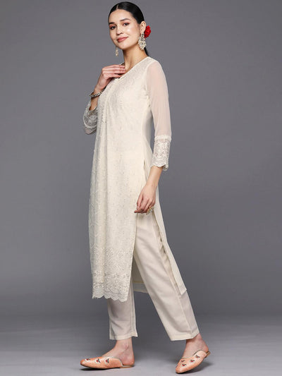 Off White Embroidered Georgette Straight Suit Set With Trousers - Libas