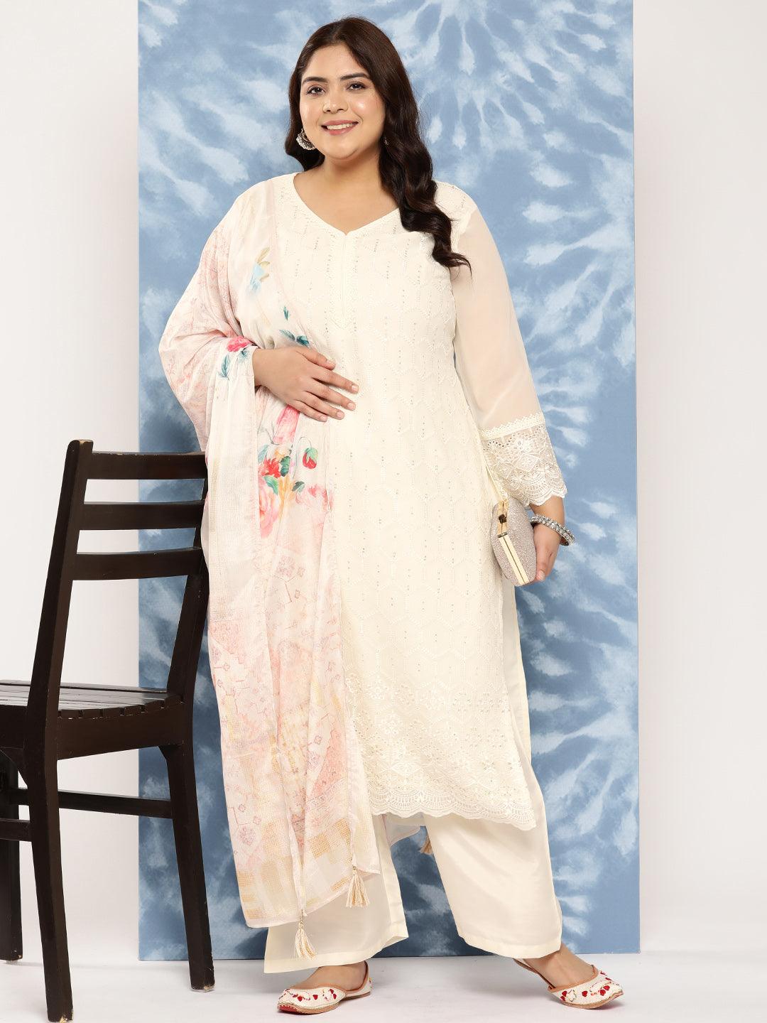 Off White Embroidered Georgette Straight Kurta With Trousers and Dupatta