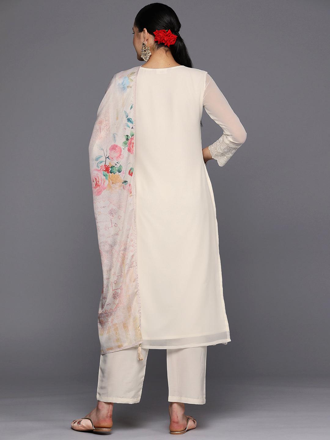 Off-White Embroidered Georgette Straight Kurta With Trousers & Dupatta