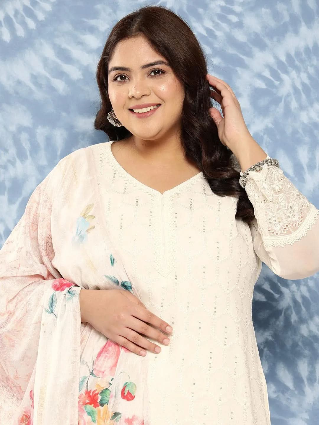 Off White Embroidered Georgette Straight Kurta With Trousers and Dupatta - Libas 