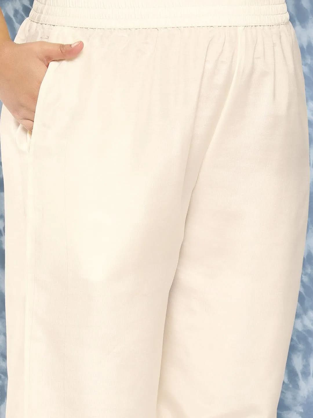 Off White Embroidered Georgette Straight Kurta With Trousers and Dupatta - Libas 