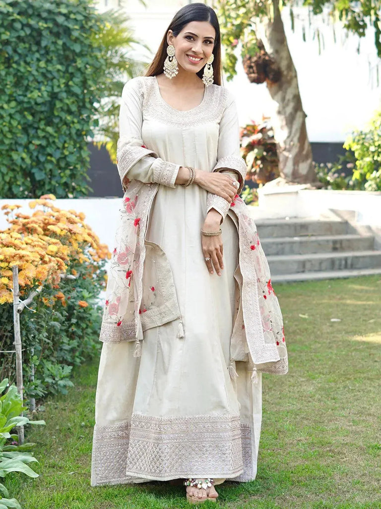 Libas Off-White Embroidered Silk Anarkali Kurta With Trousers & Dupatta