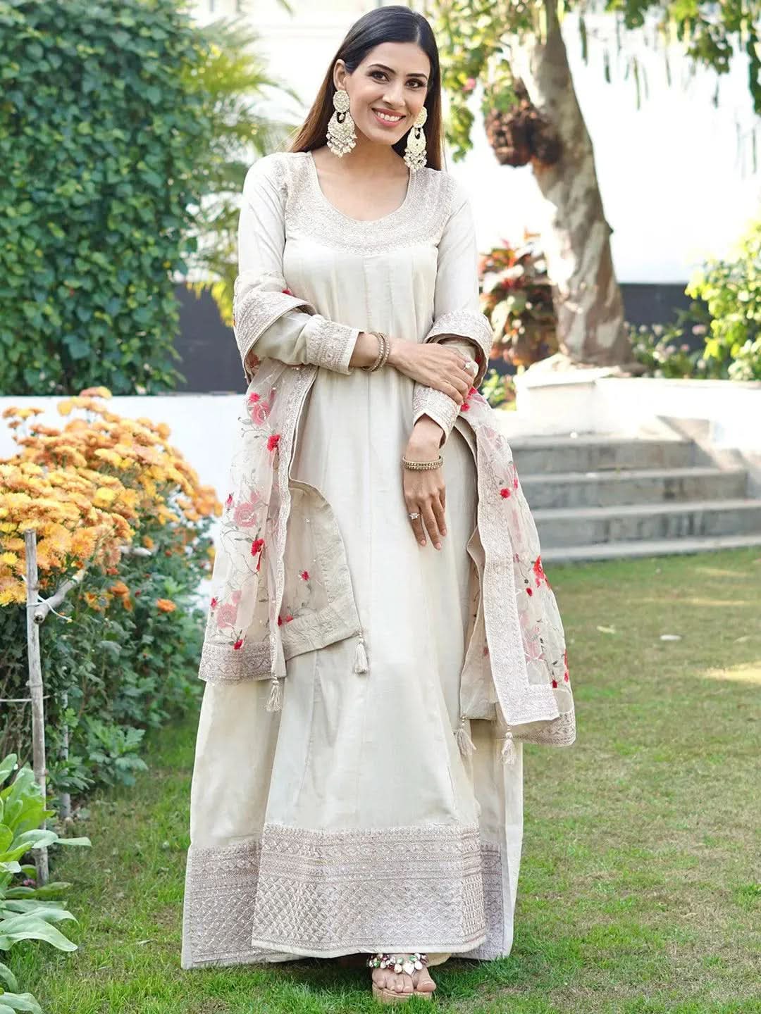 

Off-White Embroidered Silk Anarkali Kurta With Trousers & Dupatta