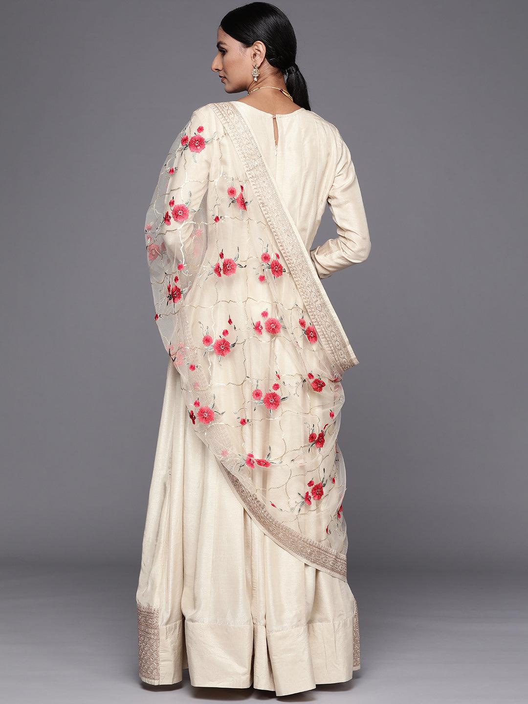 Off-White Embroidered Silk Anarkali Kurta With Trousers & Dupatta