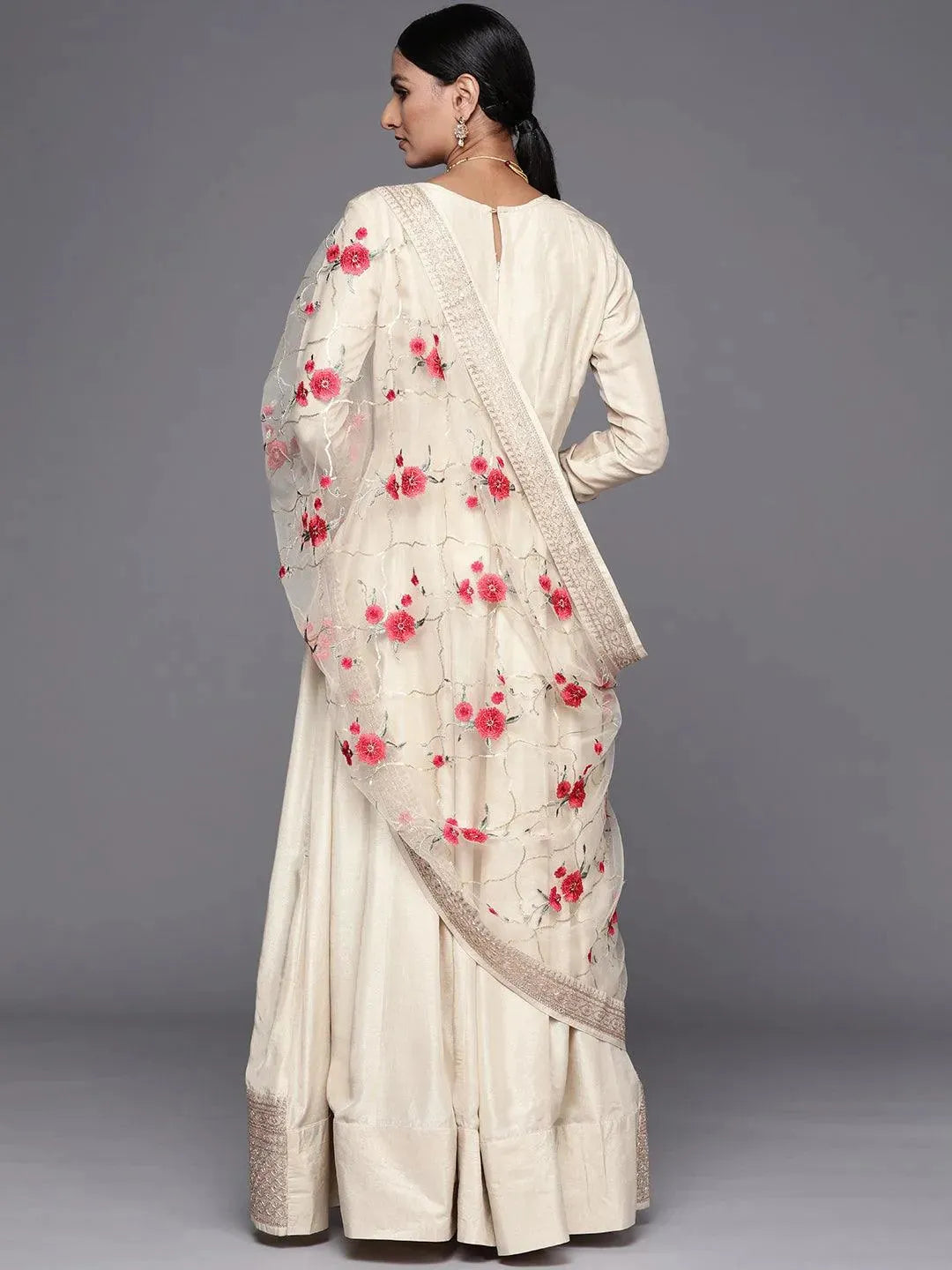 Off White Embroidered Silk Anarkali Suit Set - Libas 
