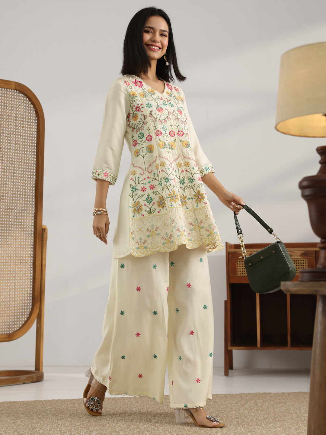  Off White Embroidered Silk Blend Co-Ord Sets 