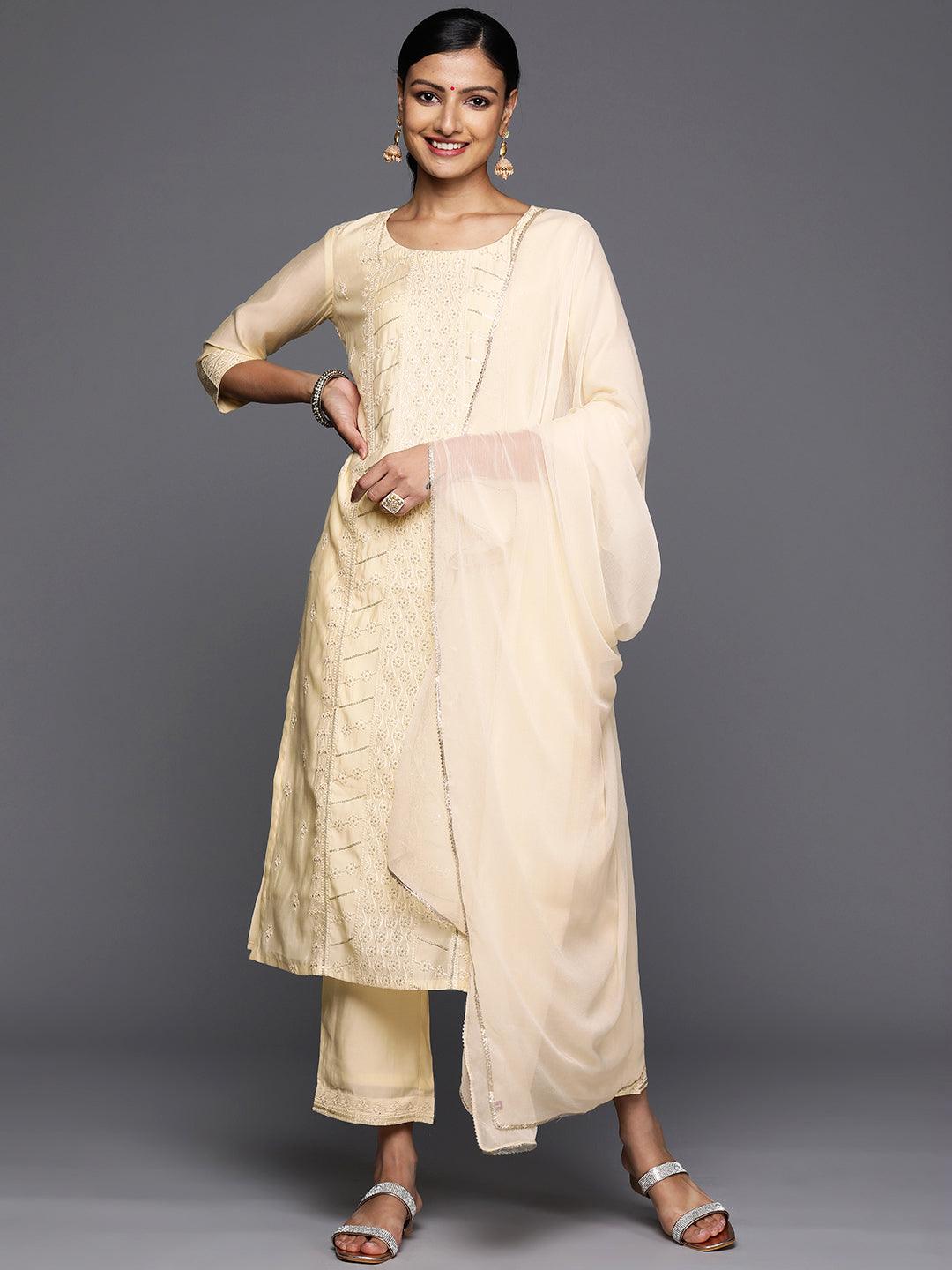Off White Embroidered Silk Blend Straight Kurta With Trousers & Dupatta