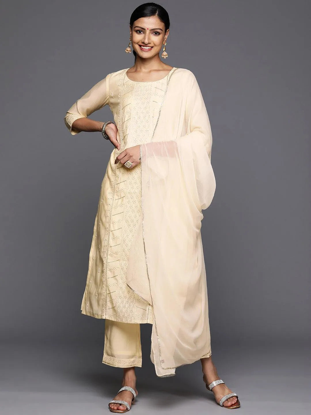 Off White Embroidered Silk Blend Straight Kurta With Trousers & Dupatta - Libas 