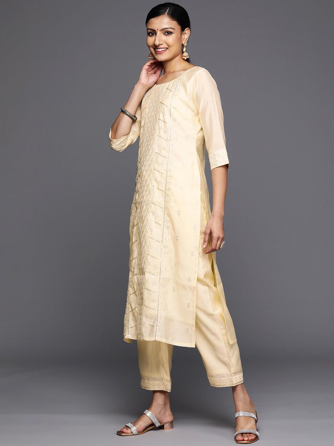 Off White Embroidered Silk Blend Straight Kurta With Trousers & Dupatta - Libas