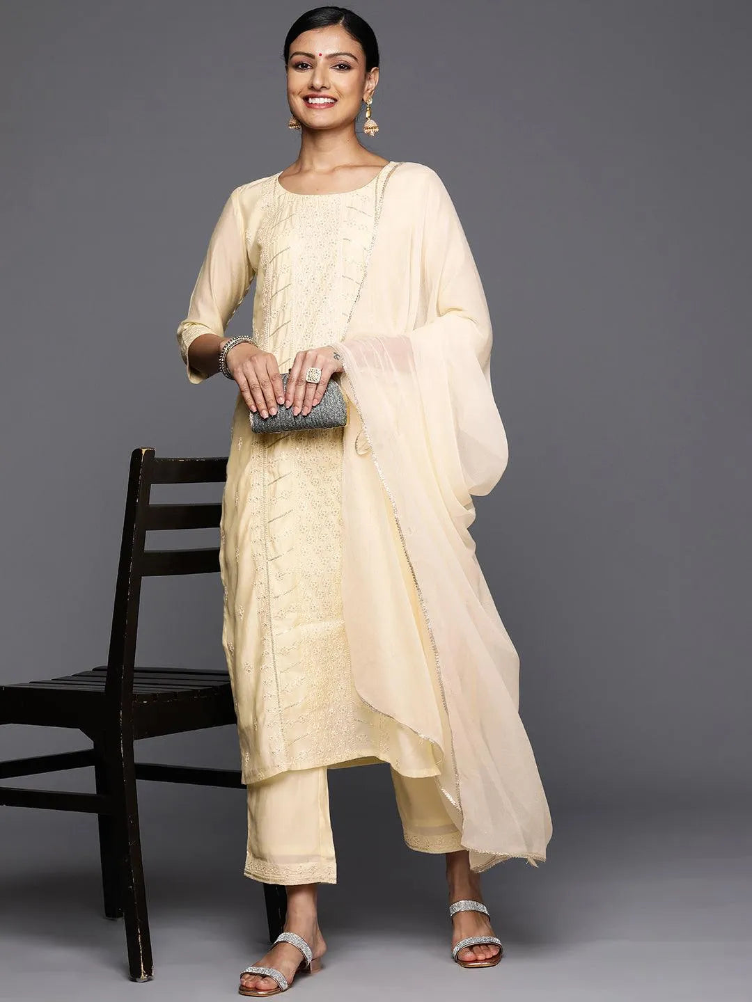 Off White Embroidered Silk Blend Straight Kurta With Trousers & Dupatta - Libas