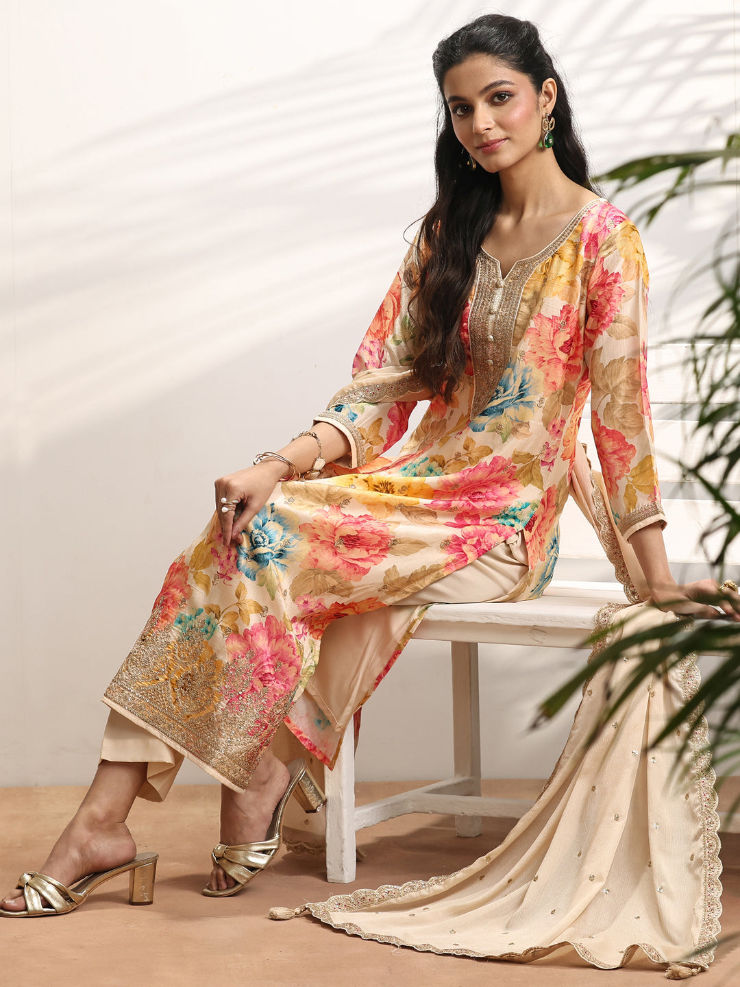 Off White Embroidered Silk Blend Straight Suit Set With Dupatta