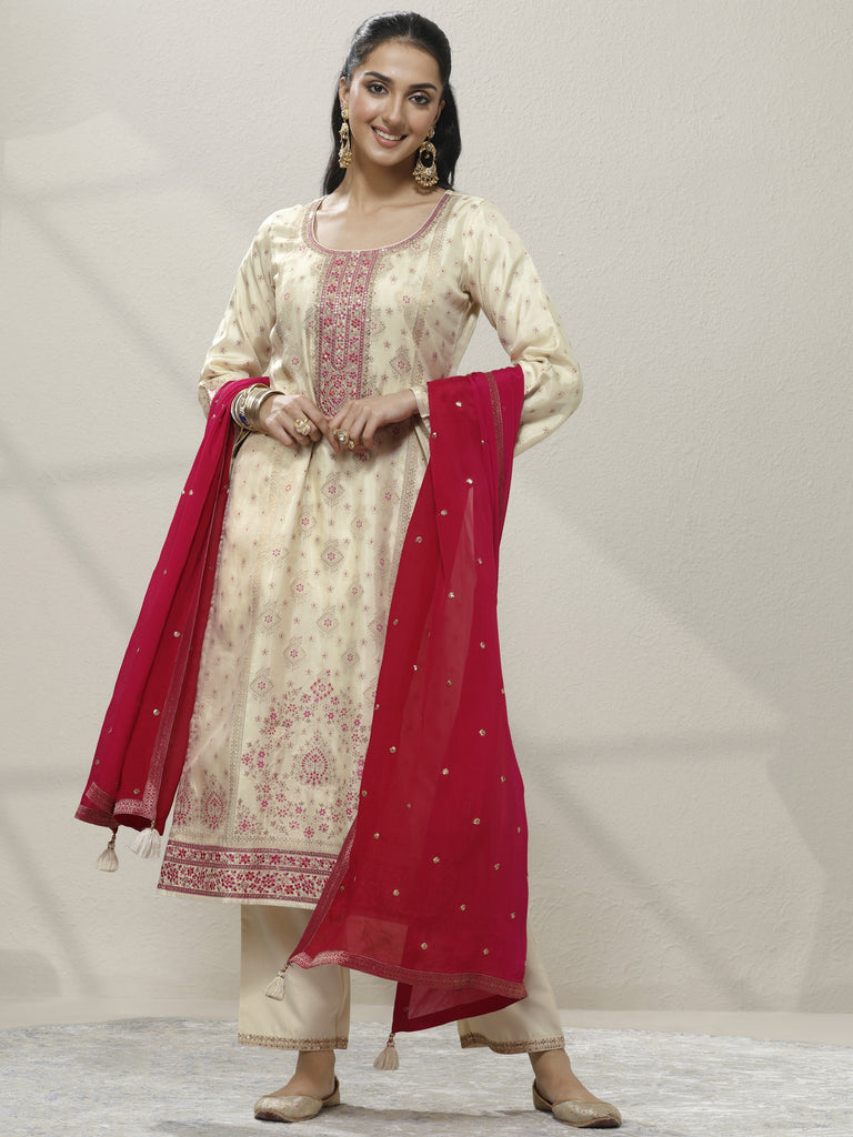 Libas Off White Embroidered Silk blend Straight Suit Set With Dupatta