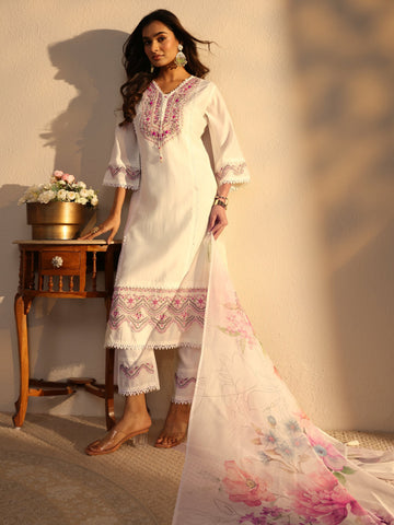 Off White Ethnic Embroidered Silk Blend A-Line Suits Set With Dupatta