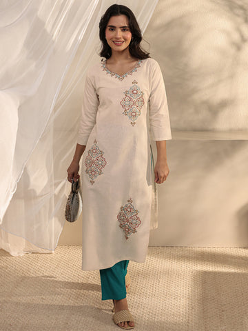 Libas Off White Ethnic Motif Embroidered Cotton Blend Straight Kurta