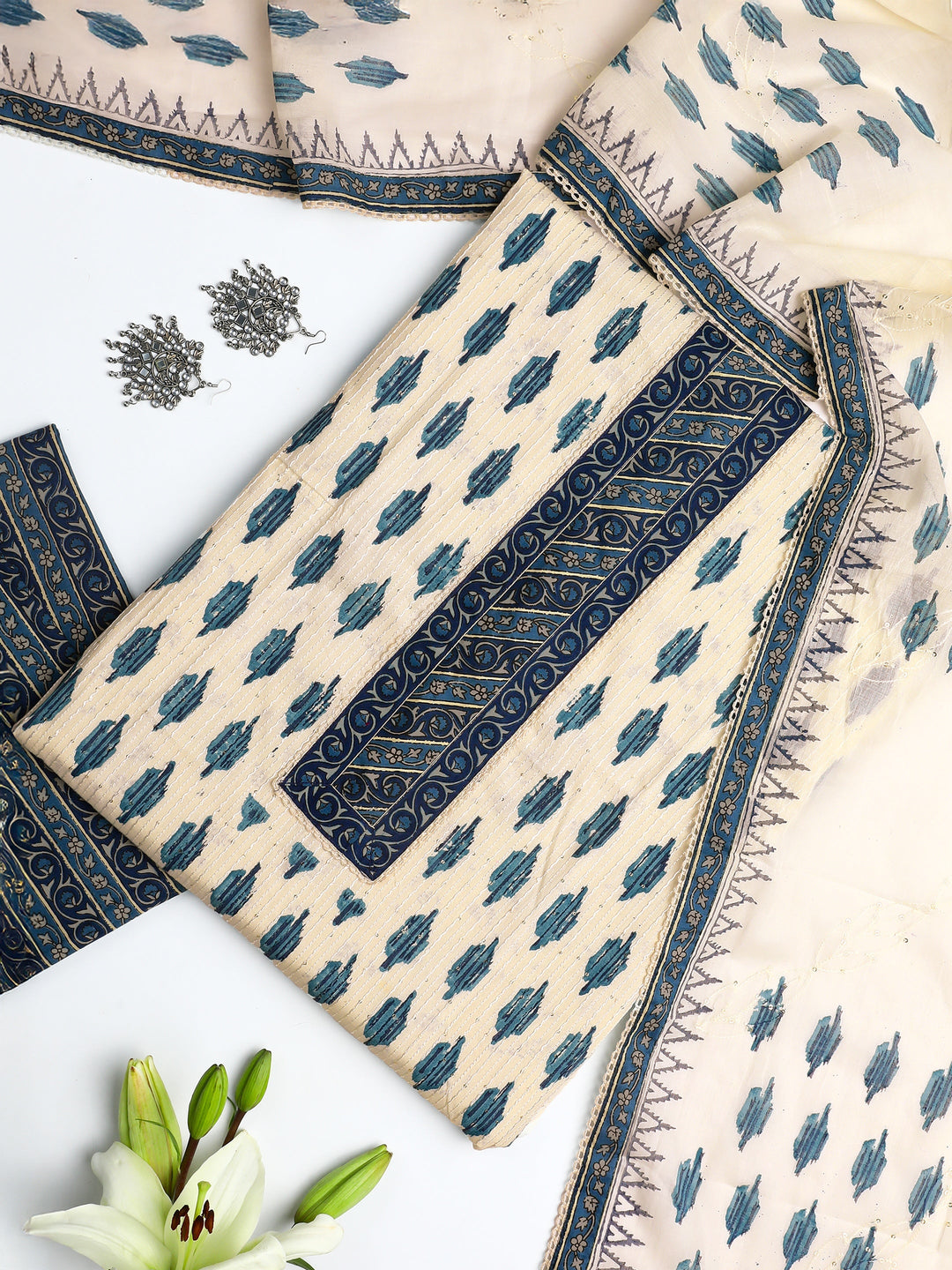 Off White Ethnic Motif Printed Cotton Dress Material With Dupatta