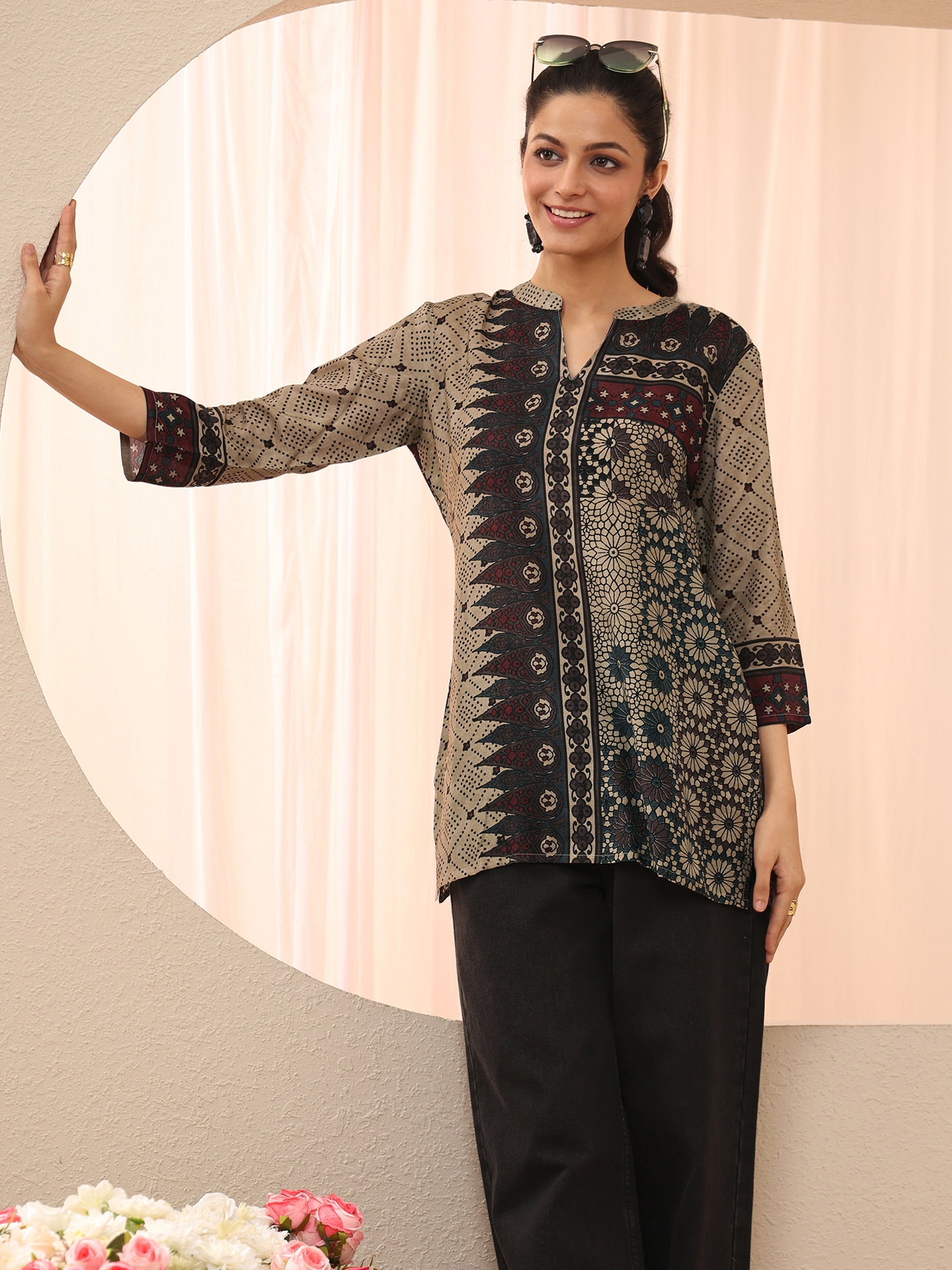 libas Off White Ethnic Printed Silk Blend Straight Short Kurti-picture-38