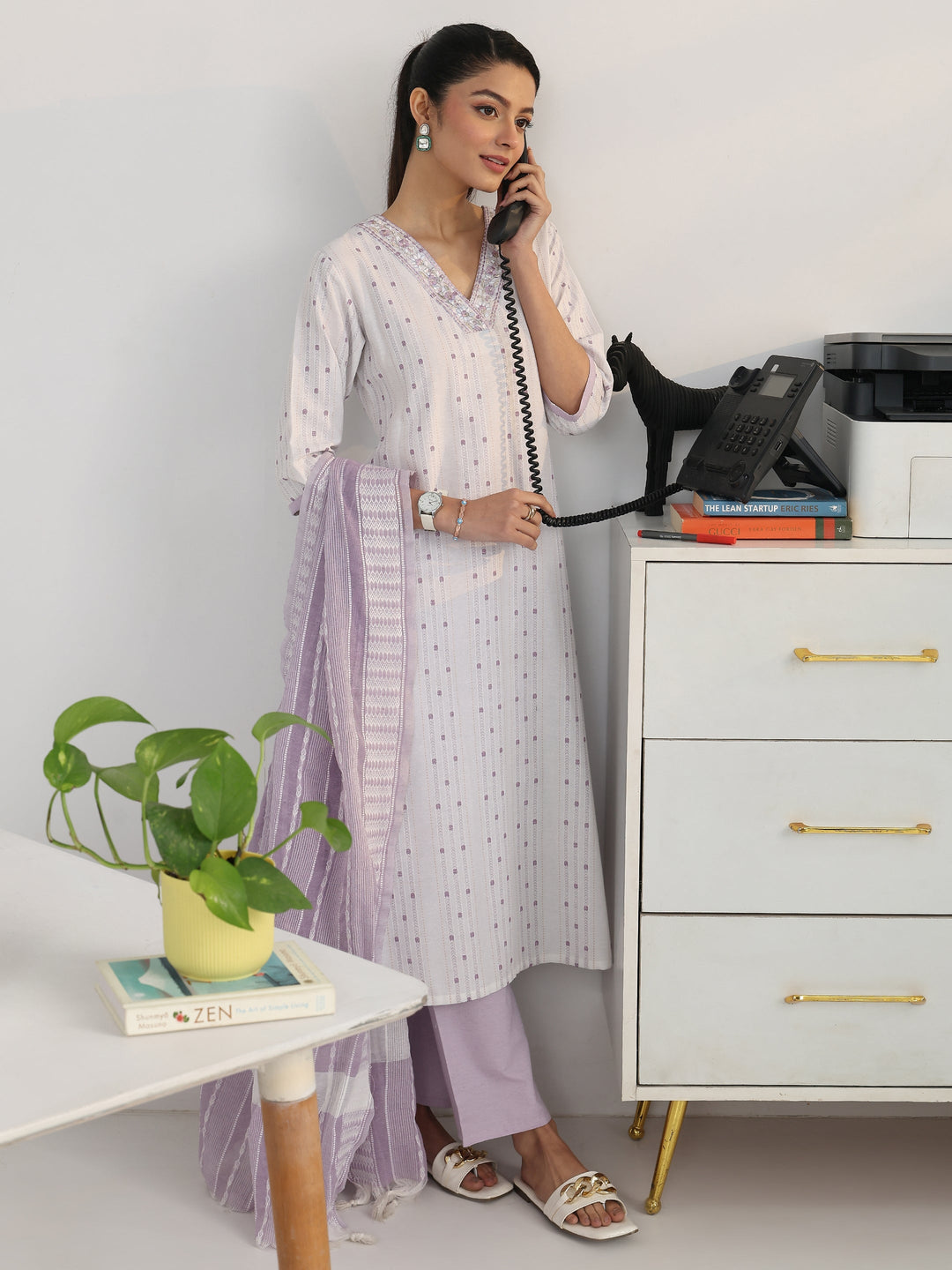  Off White Ethnic Motif Woven Design Cotton Blend Straight Suit Set With Dupatta 