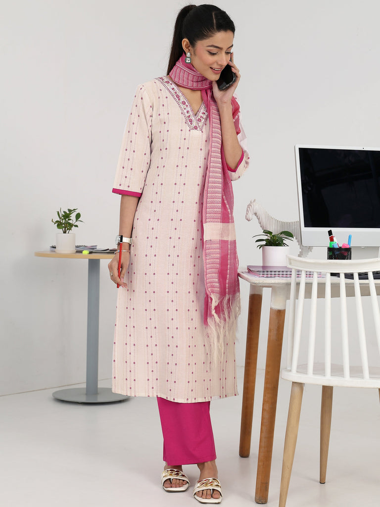 Gerua Off White Ethnic Motif Woven Design Cotton Blend Straight Suit Set With Dupatta