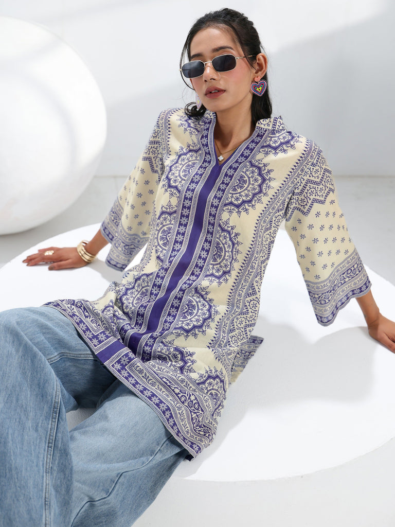 Libas Off White Ethnic Printed Cotton Blend Straight Short Kurti