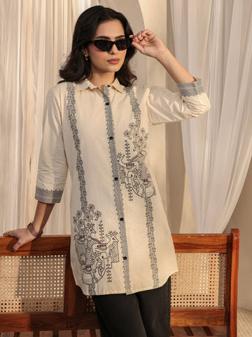 Libas Off White Ethnic Woven Design Cotton Shirt