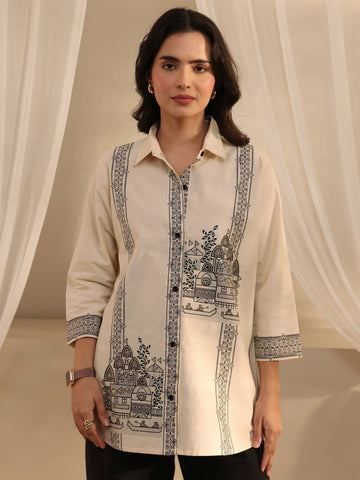 Libas Off White Ethnic Woven Design Cotton Shirt