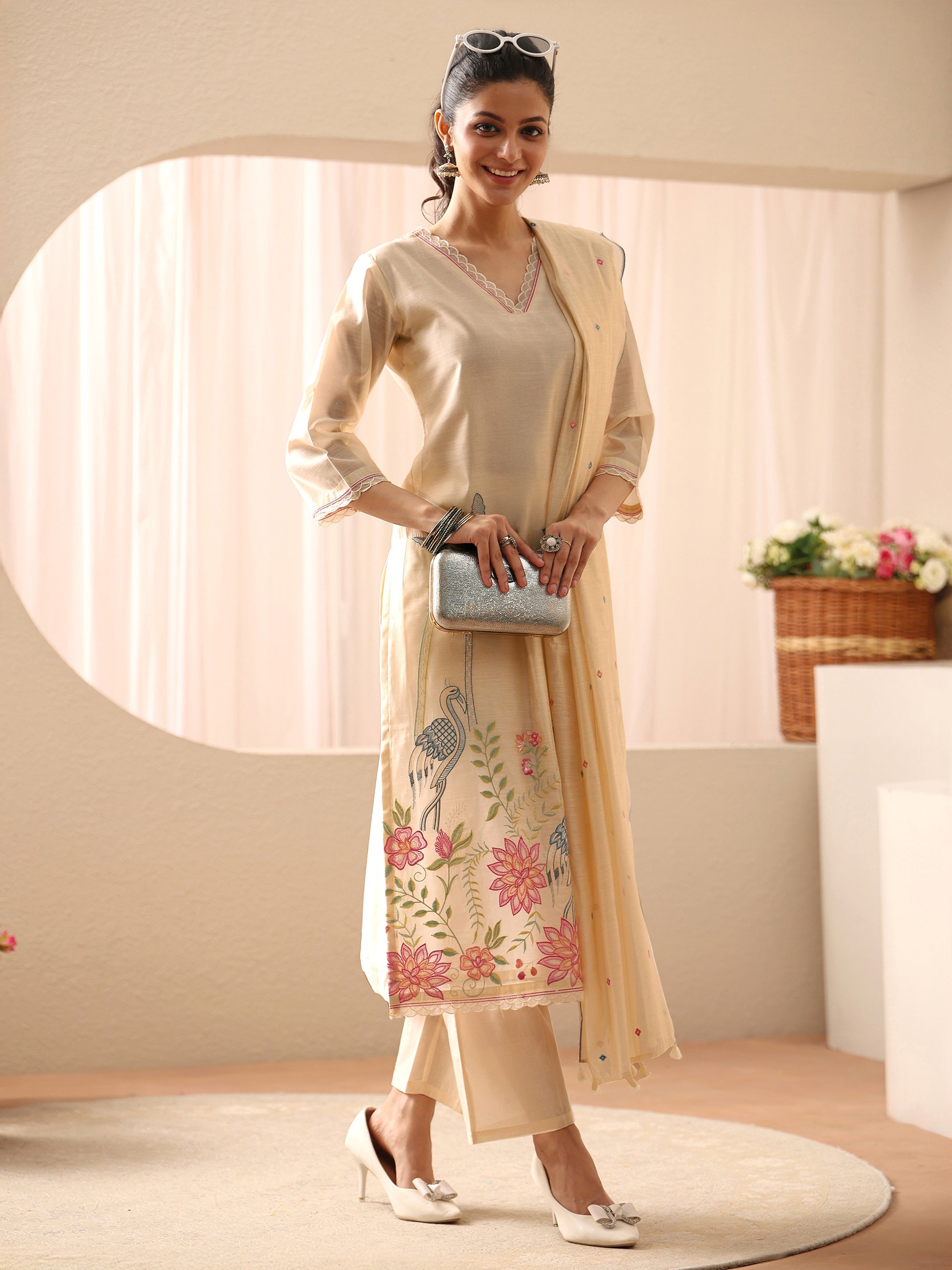 Libas Off White Floral Embroidered Chanderi Silk Straight Suit Set-picture-40