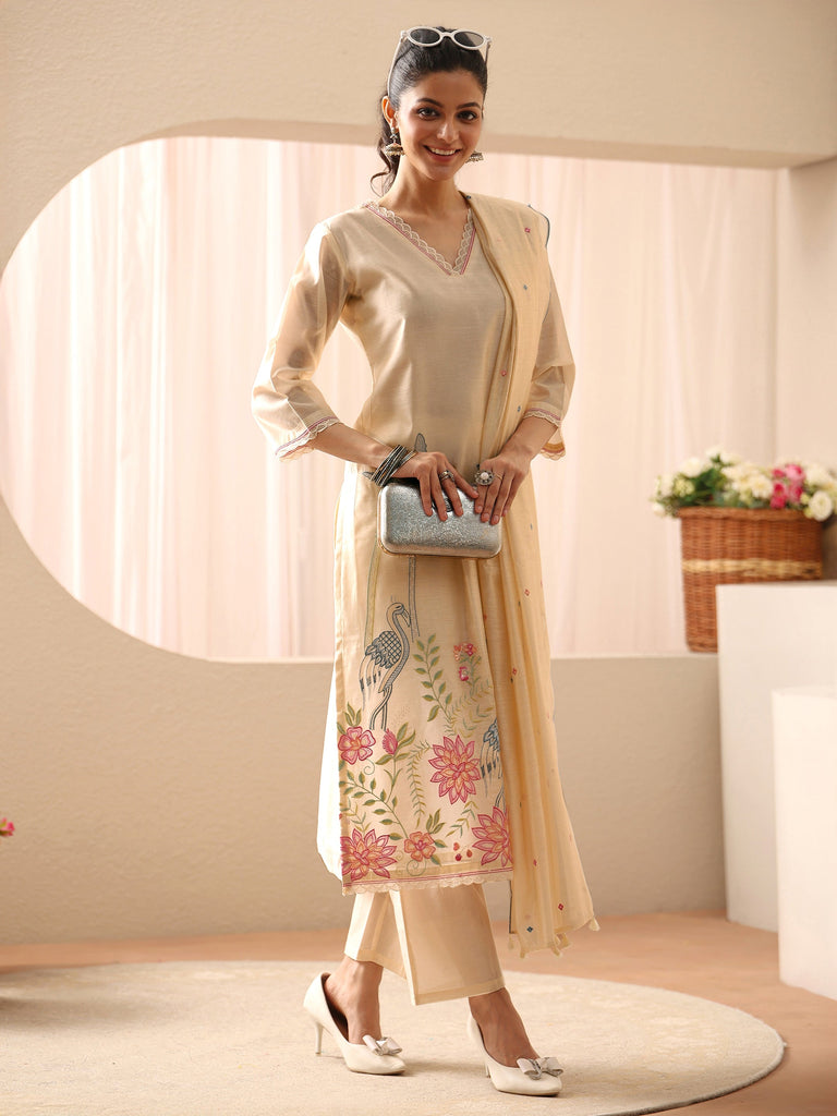 Libas Off White Floral Embroidered Chanderi Silk Straight Suit Set