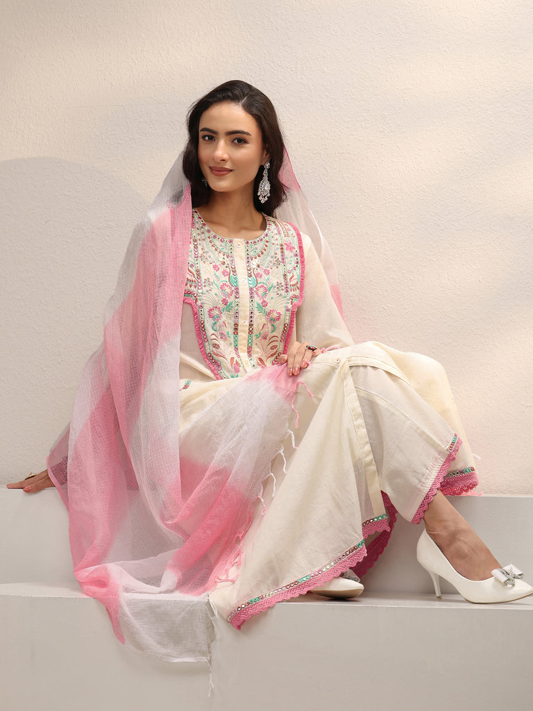 Libas Off White Floral Embroidered Cotton A-Line Suit Set With Dupatta