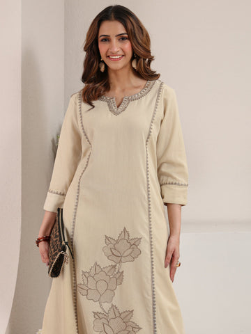 Off White Floral Embroidered Cotton Straight Kurta Set