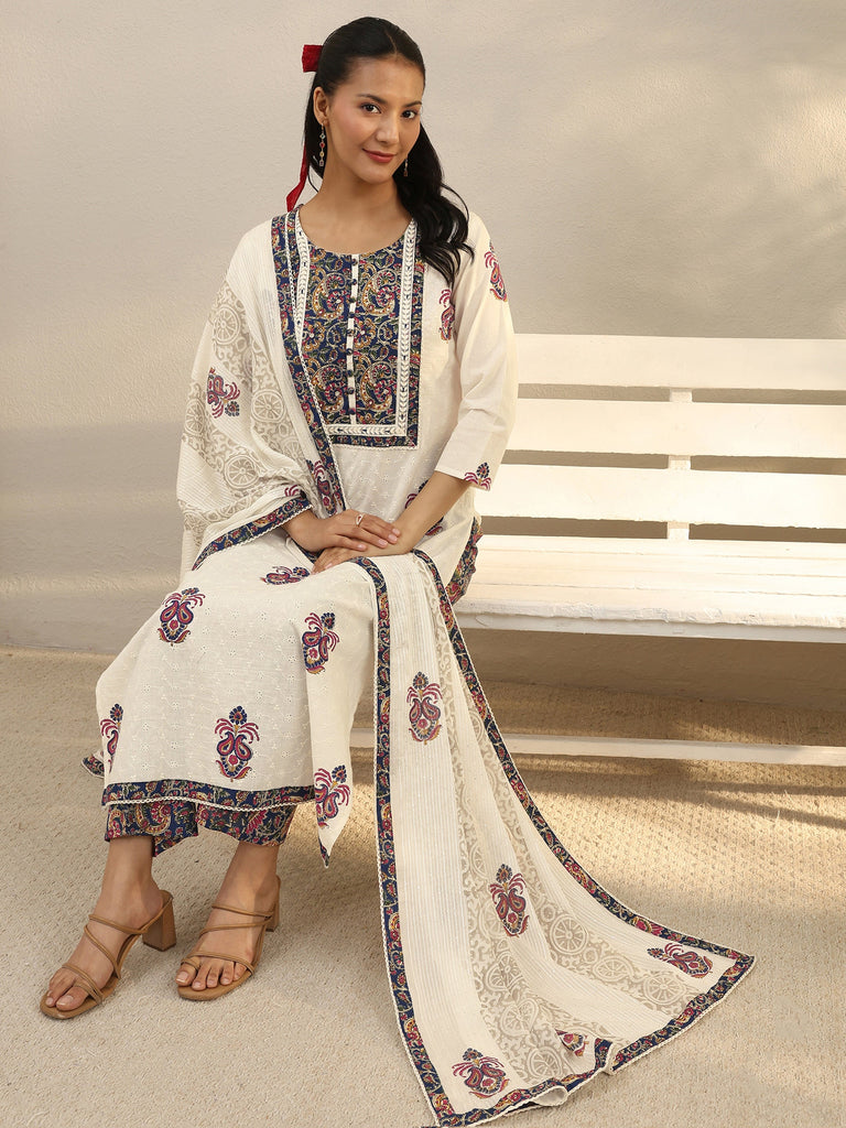 Libas Off White Floral Embroidered Cotton Straight Suit Set