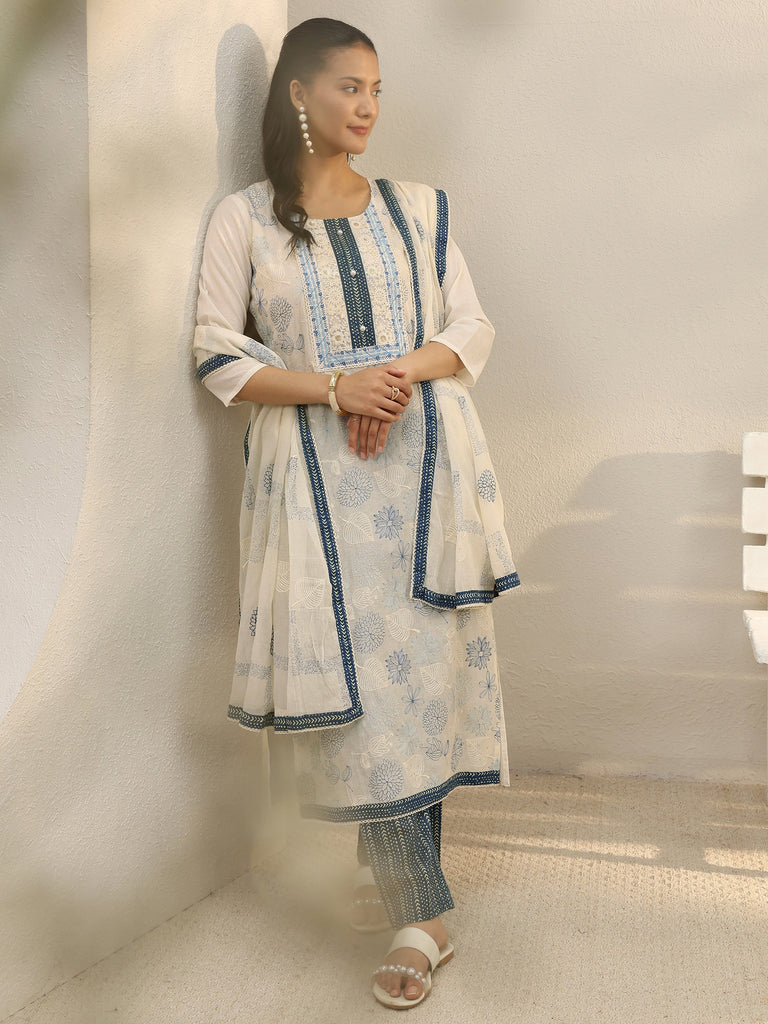 Libas Off White Floral Embroidered Cotton Straight Suit Set