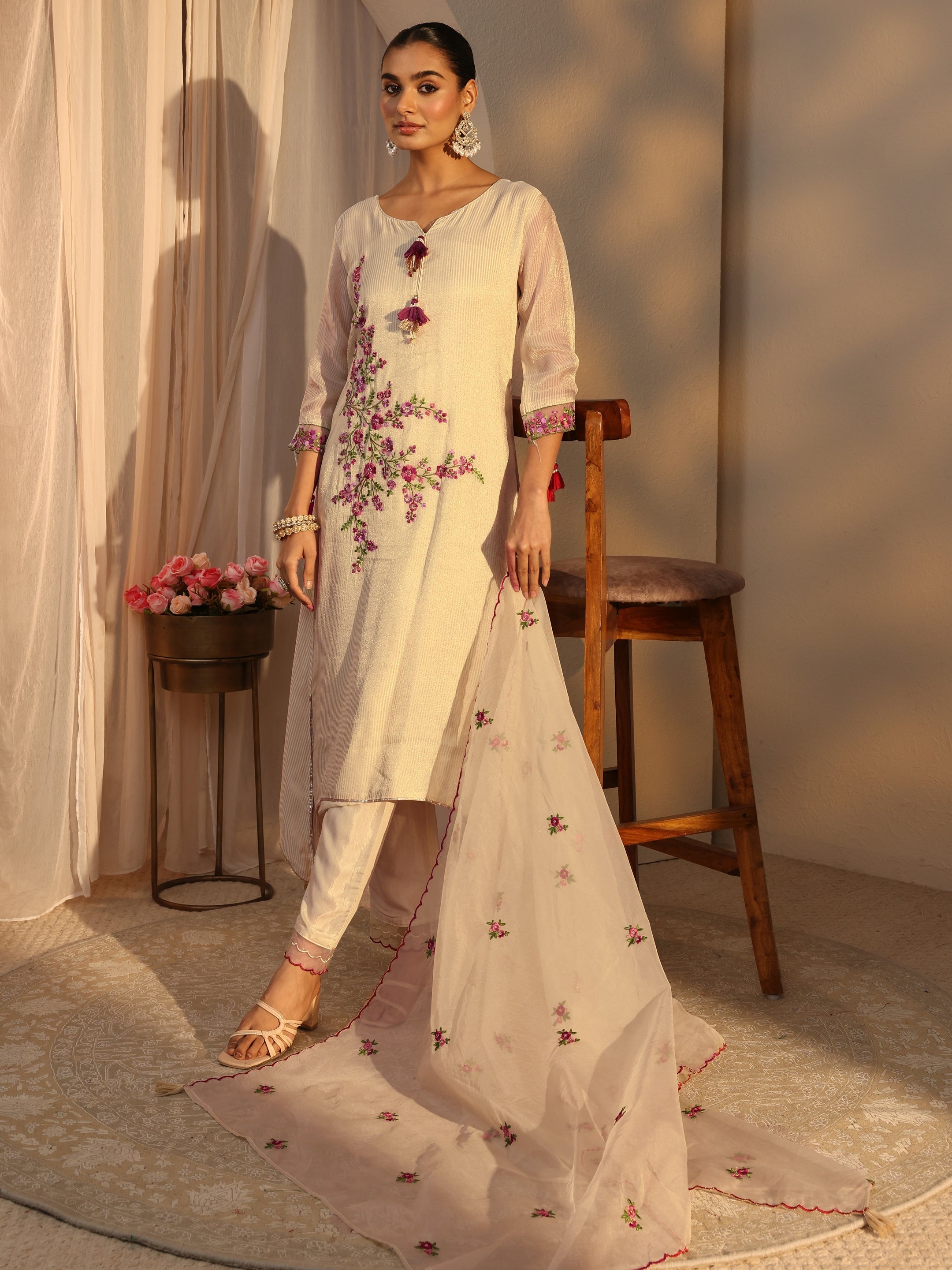 libas Off White Floral Embroidered Organza A-Line Suits Set With Dupatta-picture-65